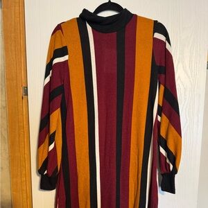Ces Femme Burgundy and Mustard Striped Long Sleeve Dress